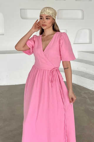 Olcay V Yaka Belden Bağlamalı Müslin Elbise Pembe 9354-e