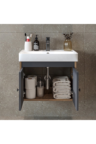 Ada Lavabolu Mat Suntalam Banyo Alt Dolabı 60 Cm Atlantik Çam - Antrasit