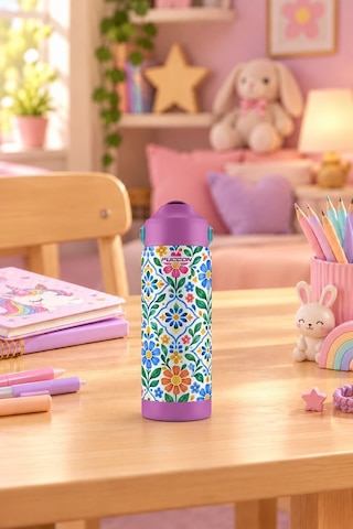 Puccon 540 Ml Çiçek Desenli Yeşil - Mor Kız Çocuk Pipetli Çelik Termos Matara/suluk - 60065