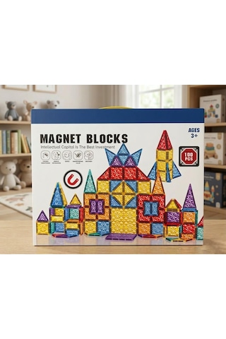 100 Parça Renkli Geometrik Şekilli Manyetik Yapı Blokları 3 Boyutlu Mıknatıslı Yapı Oyun Seti