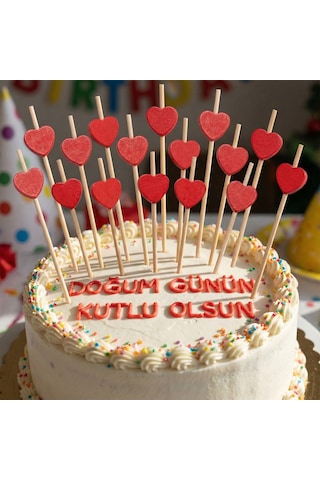 Uzun Kürdan Bambu Süslü Kırmızı Kalp 12'li Pasta Ve Sunum Kürdanı