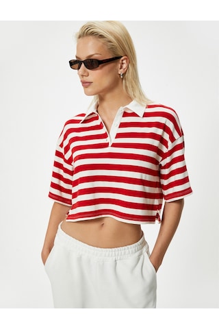 Koton Polo Yaka Crop Tişört Kısa Kollu Düğmeli İnce Örme Kumaş Kırmızı Çizgili 4sak50688ek