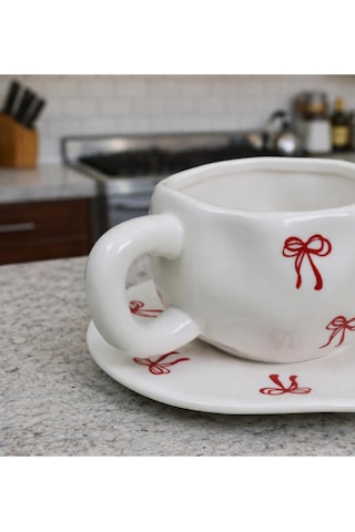 Seramik Tabaklı Handmade Tasarımlı Kupa - Renk Seçenekli Kurdele Desenli Renkli