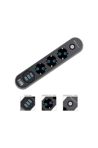 Polosmart MP07 3'lü Siyah Akım Korumalı Grup Priz Ve 3'lü Usb