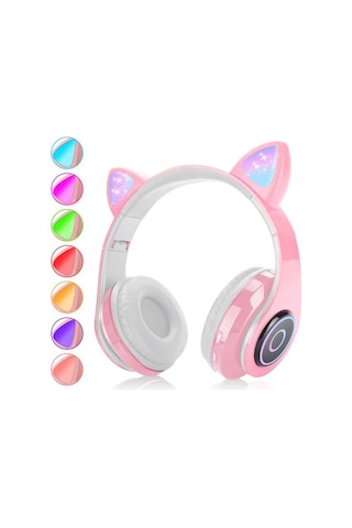 Wezone Kedi Kulaklıklı Led Işıklı Hi-fi Stereo Bluetooth 5.0 Kulaklık, Kablolu/kablosuz, Fm/tf Kart Desteği, Çocuklar/gençler İçin Pembe