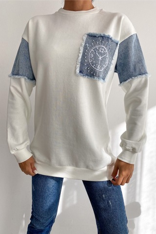 Femelle Kadın Ekru Kot Detaylı Taş İşlemeli Pamuklu Sweatshirt