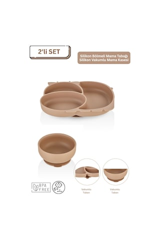 2'li Silikon Bebek Beslenme Seti / Bölmeli Mama Tabağı / Mama Kasesi - Moka Mocca