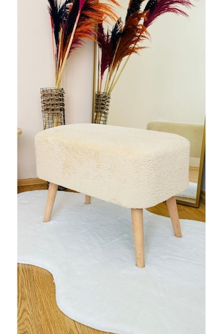 Ahşap Ayaklı Teddy Kumaş Dikdörtgen Dekoratif Puf Bench Ekru