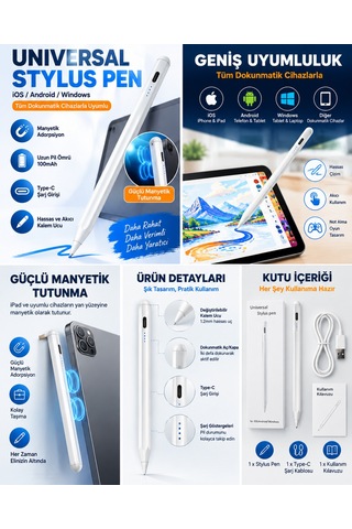 Universal Stylus Kalem Dokunmatik Tablet Telefon Kalemi İos Android Windows Uyumlu Type-c Şarjlı Pil Göstergeli İnce Uçlu Çizim Yazı Kalemi