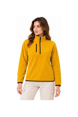 Zenna Tarz Polar Dik Yaka Yarım Fermuarlı Fermuarlı Göğüs Cepli Regular Fit Kışlık Sweatshirt - Hardal Sarısı