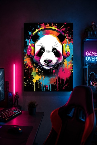 Gaming Panda Metal Duvar Tablosu Kulaklıklı Gamer Oda Dekoru Renkli Tasarım 20x30 Cm A4 Boyutunda