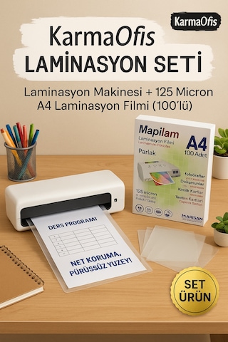 Laminasyon Makinesi + Mapilam 125 Micron A4 Laminasyon Filmi 100 Lü Parlak