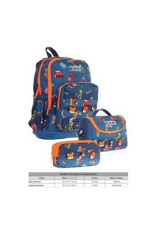 Kaukko Kids Üçlü İlkokul 1.2.3.4. Sınıf Okul Çanta Seti - Lacivert Turuncu - Erkek Çocuk - Silikon Aksesuarlı Lacivert - Turuncu