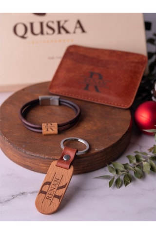 Quska Kişiye Özel İsimli El Yapımı Hakiki Deri Kiremit Kartlık+anahtarlık+bileklik Set - Grain Minimal Kahverengi