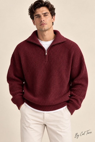 Tarz Cool Erkek Oversize Fermuarlı Balıkçı Triko Kazak Bordo