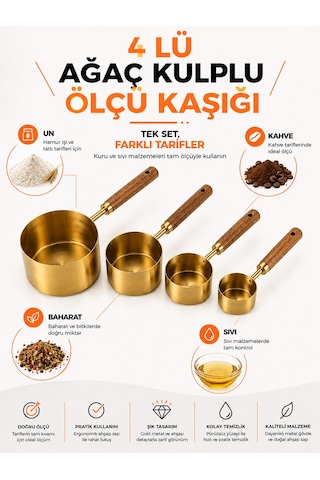 Lüks 4'lü Ahşap Kulplu Gold Ölçü Kaşığı Seti Kahve, Baharat, Tatlı Ve Hamur İşi İçin Mutfak Ölçü Seti Altın