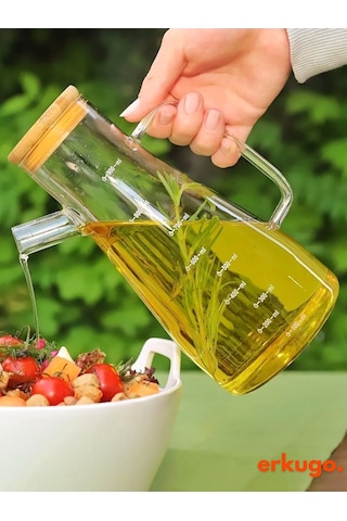 2 Adet Vakumlu Bambu Kapaklı Borosilikat Yağdanlık, Zeytinyağı Sıvıyağ Şişesi, Yağlık 900 Ml Oilpot