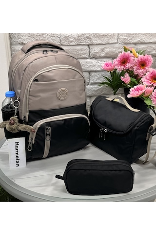 Suya Dayanıklı Vizon-siyah İlk Okul Çantası 3'lü Seti Unisex Çocuk Sırt İlkokul Çantası 8010 Kahverengi
