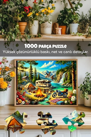 3 Adet 1000 Parça Puzzle - Kamp Ateşi, Aslan Kral Kedi Ve Vahşi Batı Kasabası Yapboz 68x48 Cm