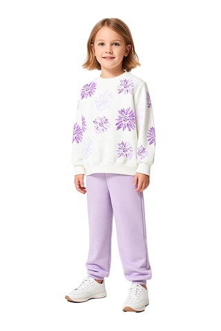 Frm Kız Çocuk Pamuklu Örme Takım Çiçek Baskılı Sweatshirt Ve Eşofman Ekru