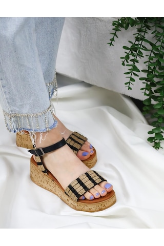 Asmi Shoes Hasır Detaylı Mantar Taban Ortopedik Taban Sandelet Siyah Siyah