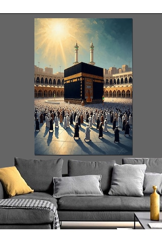 Ahşap Tablo Kabe Etrafında İbadet Eden Müslümanlar