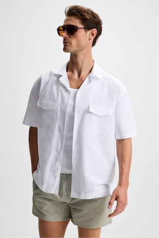 Grimelange TERO Erkek %100 Pamuk Apaj Yaka Kısa Kollu Flamlı Oxford Comfort Fit Hawaii Beyaz Gömlek