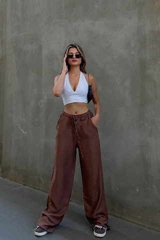 Pembe Keten Karışımlı Bol Kesim Pantolon Kahverengi