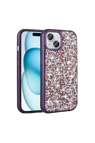 Zore Apple Uyumlu iPhone 15 Plus Kılıf Parlak Taşlı Tasarım Linea Kapak - Derin Mor Derin Mor