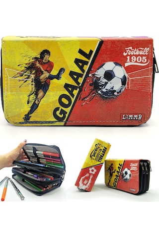 Kalem Kutusu Sarı-Kırmızı Taraftar Organizer Kalemkutu Vegan Deri Üç Bölmeli Kalemlik