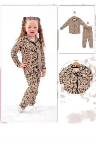 Dolaş Kids Anne Ve Kız Çocuk Ve Bebek Leopar Desenli Boydan Düğmeli Pijama Takımı Kahverengi