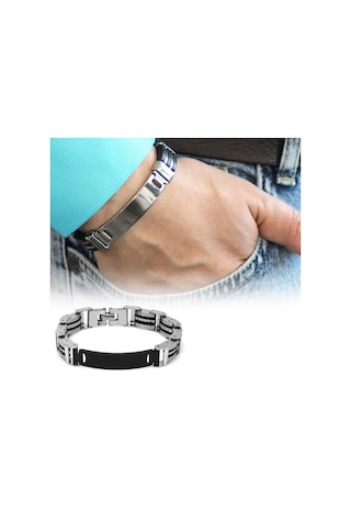 Kişiye Özel İsim Yazılı Silver-black Renk Çelik Erkek Bileklik Model-1 Siyah
