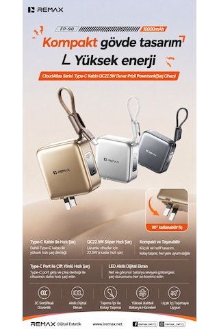Remax Cloudatlas 10000mah 22.5w Dahili Type-c Kablolu & Katlanır Fişli Powerbank Adaptör Fp-90 Gümüş Gümüş - Gri