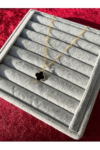Ulaş Aksesuar Siyah Sedef Yonca Gold Zincir Kararmaz Paslanmaz Kadın Kolye Gold