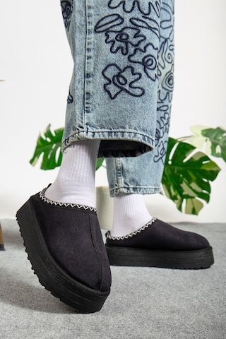 Ugg Favorispor Kadın Kışlık Kalın Taban Süet Platform Siyah Terlik Tazz 091 Sıyah