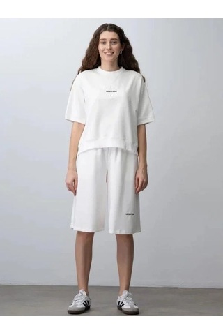 Zekids Kız Çocuk Pamuklu Tasarım Oversize T-shirt Şortlu Takım-15782 Ekru