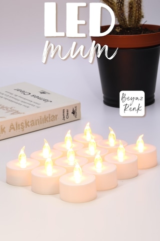 12 Adet Led Mum Tealight Mini Dumansız Pilli Alevli Dekoratif Yapay Mum Işıldak Beyaz 1036-2 Beyaz