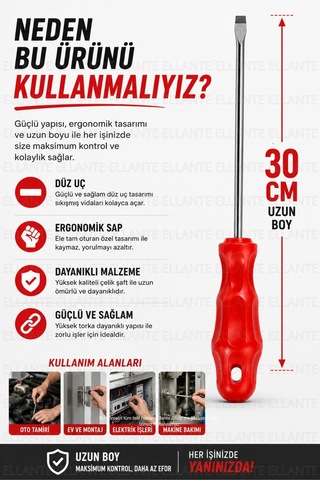 30 Cm Düz Tornavida 5x300 Mm Profesyonel Uzun Boy Ergonomik Sap