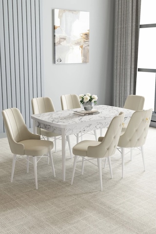Zümra Serisi, Beyaz Mermer Desen 80x132 Açılabilir Mdf Mutfak Masası Takımı 6 Adet Sandalye Krem