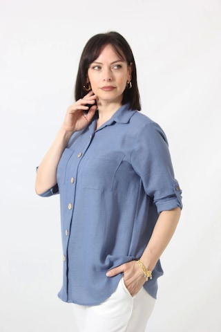 Moda Berray İb-077 İndigo Pamuk Keten Kolu Apoletli İki Cepli Kadın Büyük Beden Gömlek İndigo