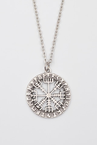 Viking Pusula Kolye Vegvisir - Düz Ezme İthal Zincirli Unisex Gümüş Kaplama - 60 Cm Gümüş