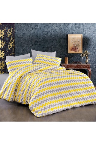 Çarşafı Lastikli Ranforce Pamuk Nevresim Takımı Tek Kişilik Sarı Zikzak