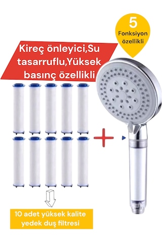 Truva 10 Adet Yedek Filtreli,kireç Önleyici Özellikli,su Tasarruflu Duş Gri
