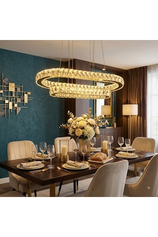 Alalighting Modern Çift Katlı Oval Kristal Avize 201 Paslanmaz Çelik K9 Taşlı Dimmerli Kumandalı 3 Renk / 4 Mod Altın - Gold