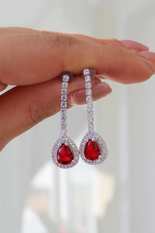 Niki Aksesuar Kırmızı Damla Taşlı Küpe - Diamond Model Kırmızı