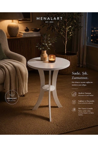 Fiskos Beyaz Yan Sehpa 50 Cm Çap - 60 Cm Yükseklik Modern Zigon Yan Sehpa Beyaz