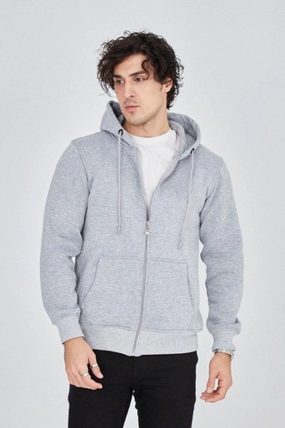 Mbb E-ticaret Erkek 3 İplik Pamuklu Fermuarlı Kapüşonlu Kanguru Cepli Hoodie Hırka Sweatshirt - Gri