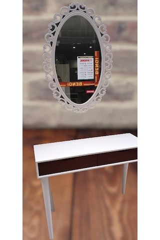 Dresuar Ahşap Kayın Retro Ayak Çift Çekmece Motifli Ayna Beyaz Ceviz El Yapımı Beyaz