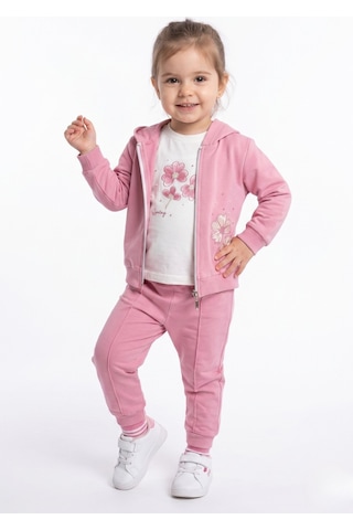 Toontoy Kids Toontoy Kız Çocuk 3'lü Eşofman Takımı Uzun Kollu Bisiklet Yaka Nakışlı T-shirt - Kapüşonlu Fermuarlı Hırka- Beli Paçası Lastikli Eşofman Altı 25042 Gülkurusu