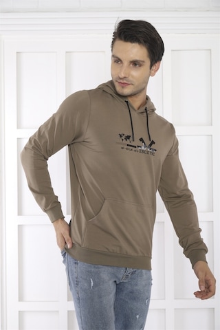 Escetic Spor Erkek Haki Cepli, Kapüşonlu Sweatshirt-4171